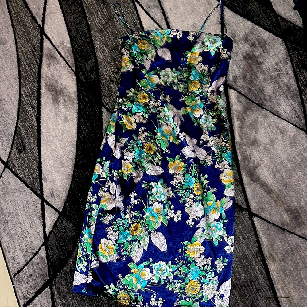 Satin Blue Floral Midi Dress